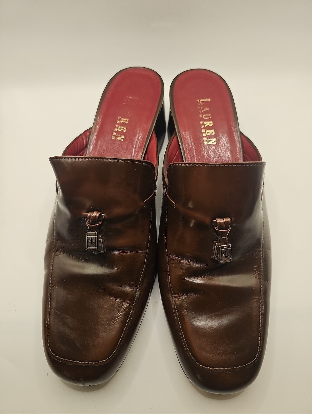 LAUREN Ralph Lauren Brown Leather Tassel Backless Loafers with Red Insole